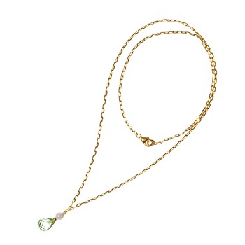 Gold chain necklace with a green gemstone pendant and a white pearl, featuring a secure clasp.