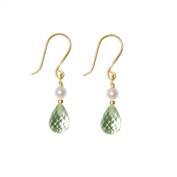 Gold French wire earrings with white pearls and green amethyst teardrops.
