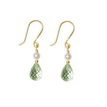 Gold hooks with white pearls and faceted green teardrop stones, elegant and delicate design.