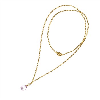 Gold chain necklace with teardrop pink gemstone and small white pearl accent.