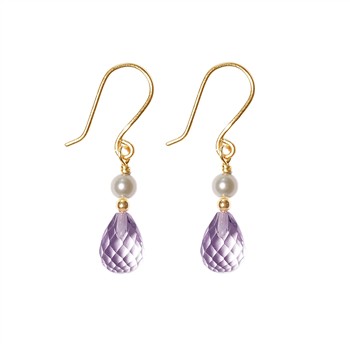 Gold earrings with white pearls and teardrop pink/purple stones on French wire hooks.