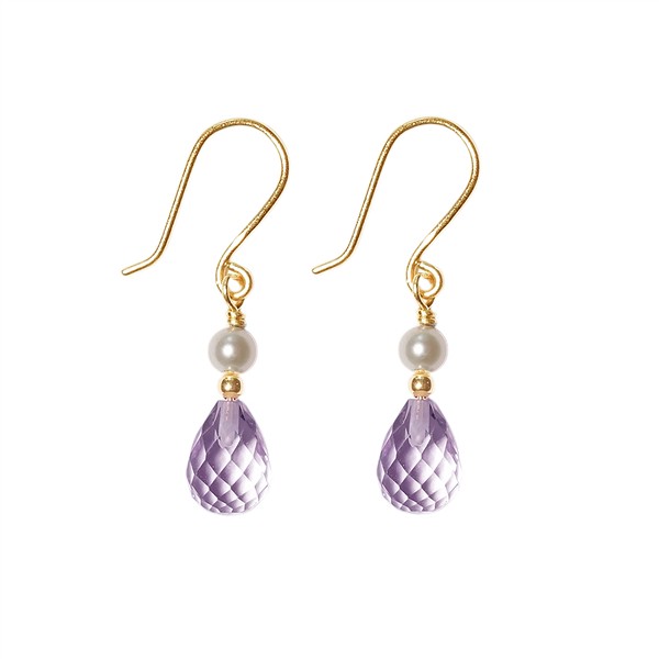 Gold earrings with white pearls and teardrop pink/purple stones on French wire hooks.