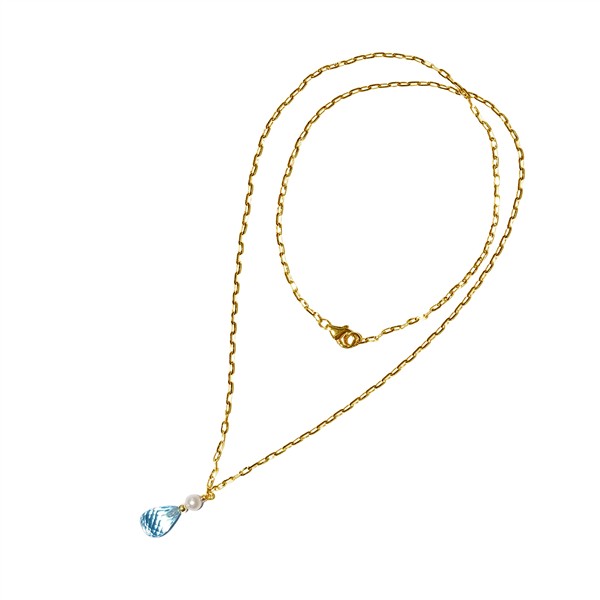 14kt gold necklace with teardrop blue stone, freshwater pearl pendant, linked chain, and clasp closure.