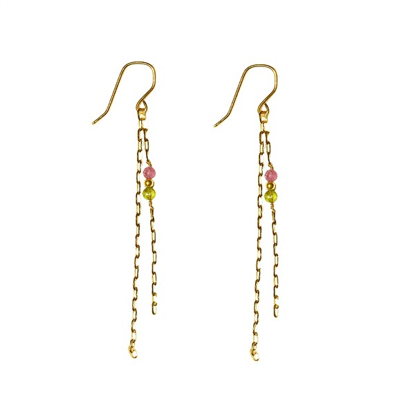 Gold dangle earrings with French hooks, dual chains, and pink/yellow-green beads.
