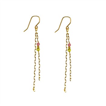 Gold dangle earrings with double chains, French hooks, and pink/red, yellow/green beads.