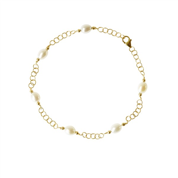 Gold chain bracelet with five white pearls and a clasp closure.