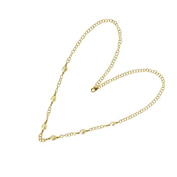 Gold chain-link necklace with evenly spaced pearls and a clasp closure.