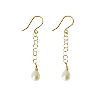 Gold dangle earrings with chain links and teardrop-shaped white pearls at the ends.