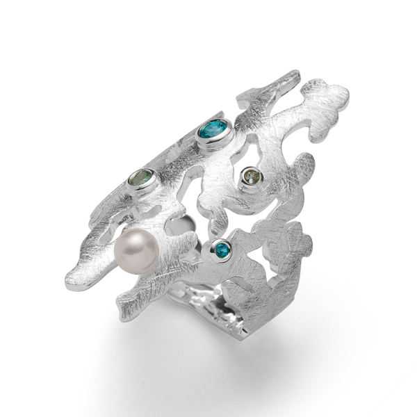 925/- Ring børstet, blå topas, kulturperle, 0,82ct from Bastian Inverun