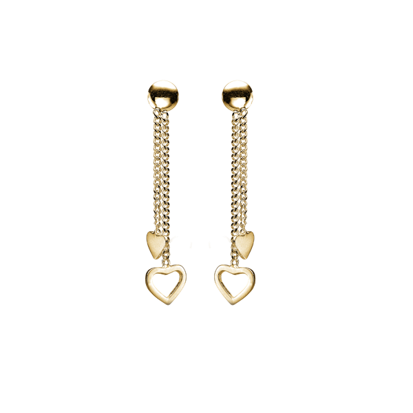 Gold earrings with circular studs, two chains, solid heart midpoints, and open hearts at the ends.