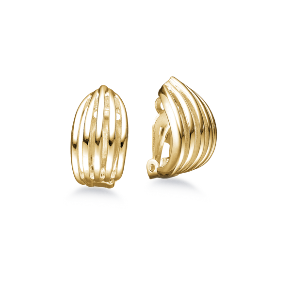 Gold clip-on earrings with multiple curved bands and open structure for light passage.