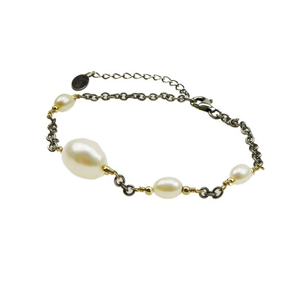 Armbånd & halskæde i sterlingsølv med 14kt guld & ferskvandsperler 18+4cm from San - Links of Joy