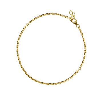 Delicate 14kt cable chain bracelet with lobster clasp and extension, polished finish on white background.