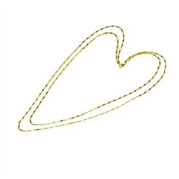 Gold chain necklace in heart shape on white background, delicate links, loop closure visible.