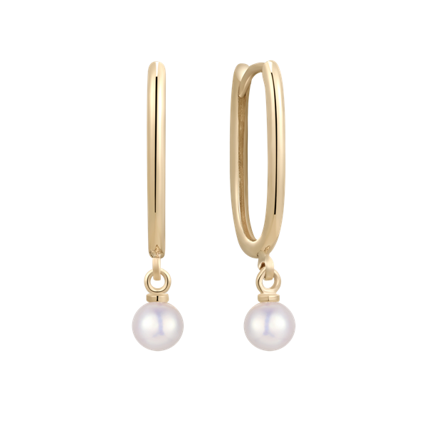 Gold hoop earrings with smooth finish, each adorned with a small white pearl.