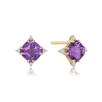 Square gold earrings with central purple gemstone, clear corner stones, and gold prongs.