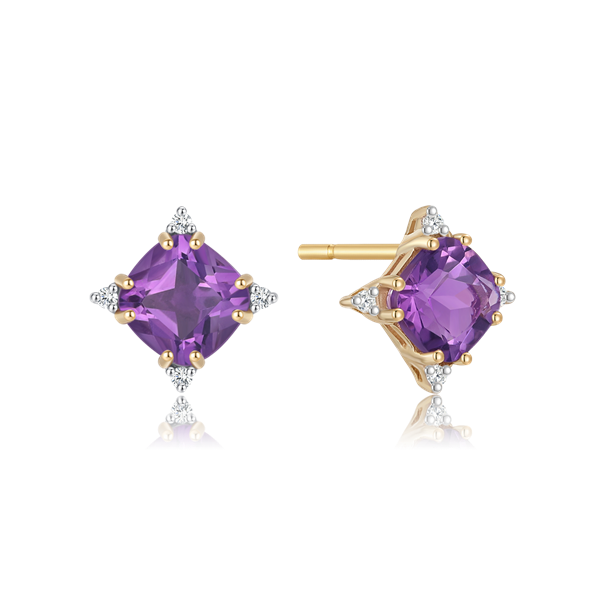 Square gold earrings with central purple gemstone, clear corner stones, and gold prongs.