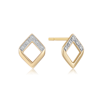 Diamond-shaped gold earrings with a hollow center and small stones on the edges.