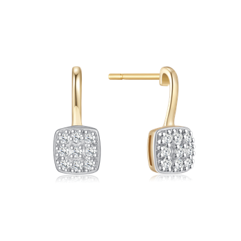 Square gold earrings with cluster of round stones, polished finish, from Støvring Design.