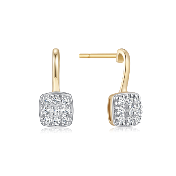 Square gold earrings with cluster of round stones, polished finish, from Støvring Design.
