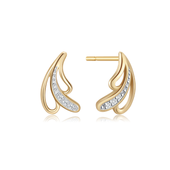 Gold earrings with curved design, encrusted with small stones, symmetrical, with visible posts.