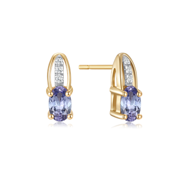 Gold earrings with oval blue gemstones and vertical clear stones above.