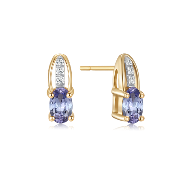 Gold earrings with oval blue gemstones and vertical clear stones above.