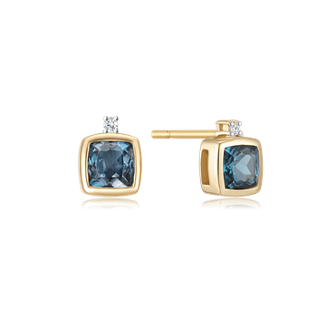 Gold stud earrings with square blue gemstones and small clear stones, featuring a visible securing post.