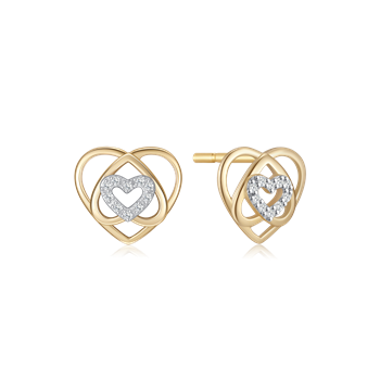 Gold interlocking heart earrings with stone-embellished inner hearts and post-style backings.