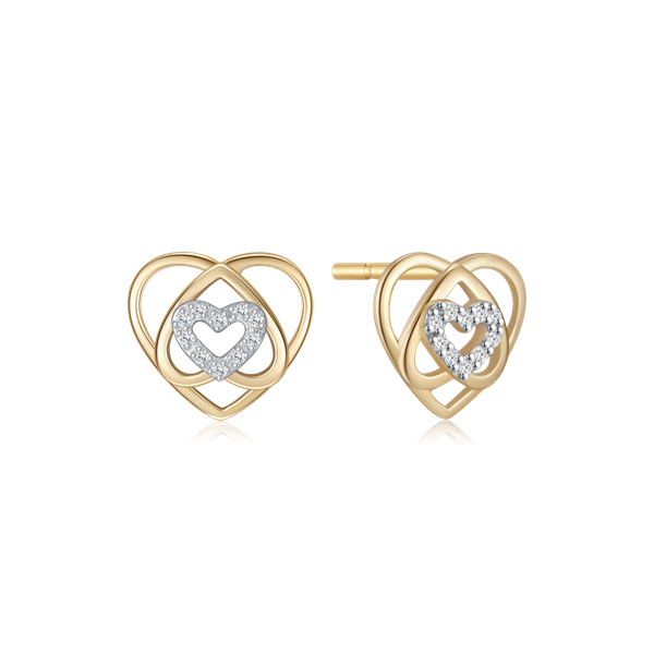 Gold interlocking heart earrings with stone-embellished inner hearts and post-style backings.