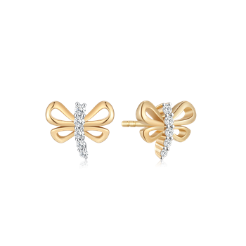 Gold bow-shaped earrings with a vertical line of sparkling stones in the center.