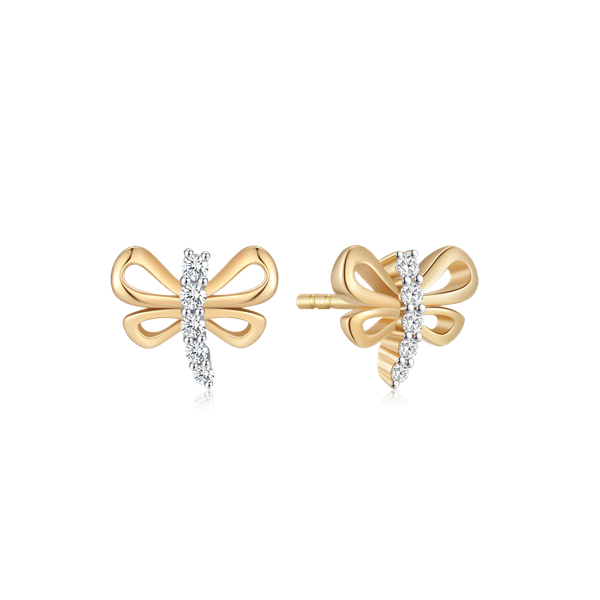 Gold bow-shaped earrings with a vertical line of sparkling stones in the center.