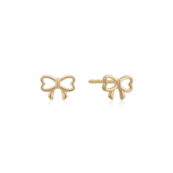 Gold bow-shaped earrings with a polished finish; earring posts visible at the back.