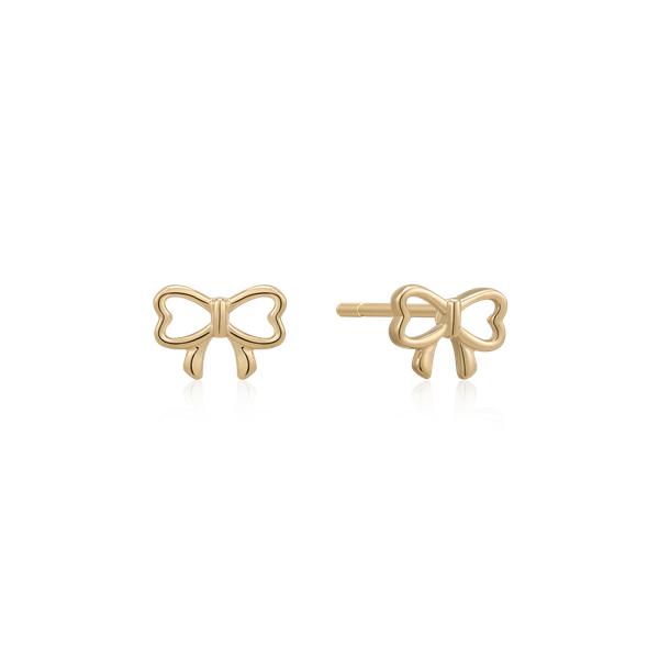 Gold bow-shaped earrings with a polished finish; earring posts visible at the back.
