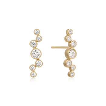 Gold earrings with clear, round stones in a vertical line, featuring a larger center stone.