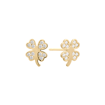 Gold clover-shaped earrings with stone-embedded leaves and a polished, shiny appearance.