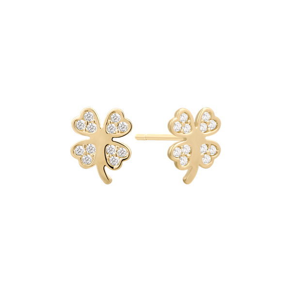 Gold clover-shaped earrings with stone-embedded leaves and a polished, shiny appearance.
