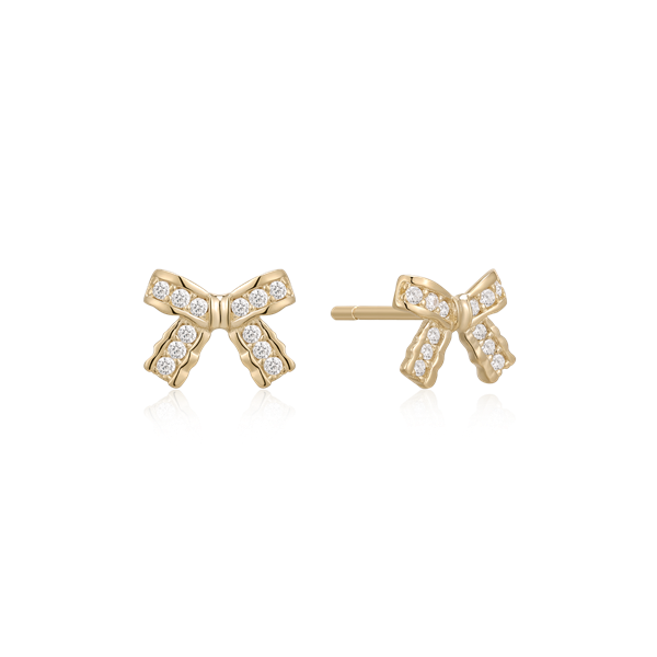 Gold bow-shaped earrings with sparkling stones and posts for attachment from Støvring Design.
