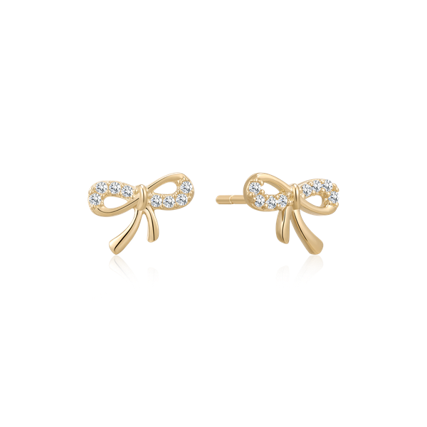 Gold bow-shaped stud earrings with detailed loops and visible fastening posts.