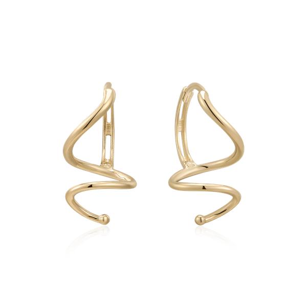 Gold spiral earrings with smooth, reflective surface and small ball detail at the end of each.