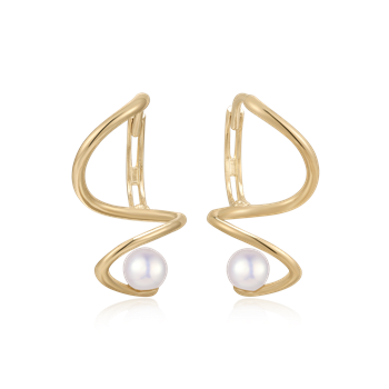 Gold earrings with wavy design and pearl-like spheres at the base, reflecting a modern style.