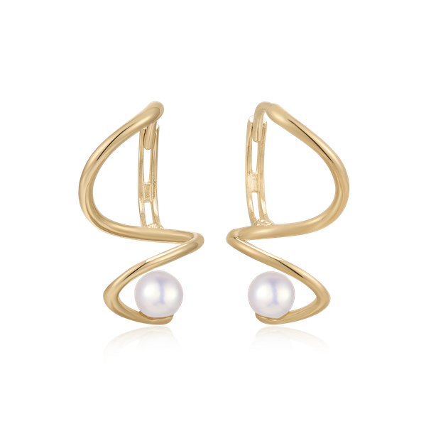 Gold earrings with wavy design and pearl-like spheres at the base, reflecting a modern style.