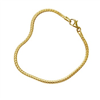Gold bracelet with braided chain, uniform thickness, and lobster clasp on a white background.