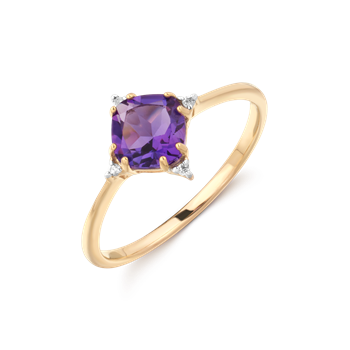 Gold ring with a purple cushion-cut gem, four prongs, and small clear accent stones.