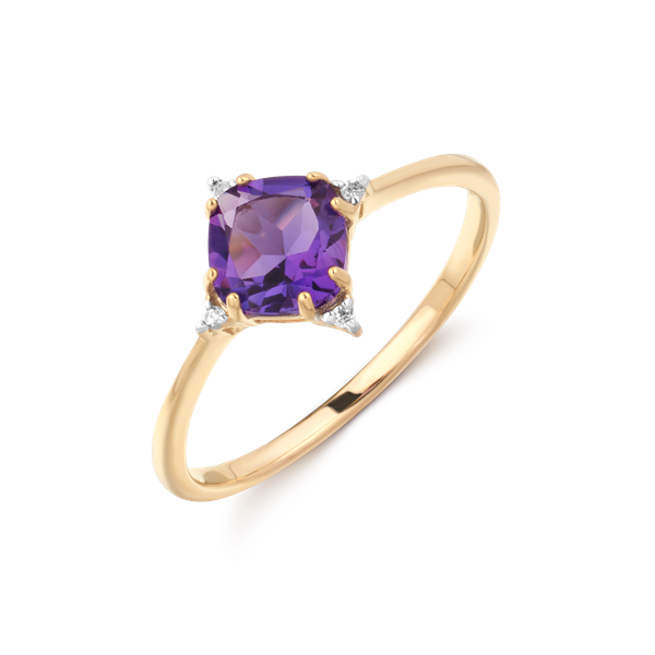 Gold ring with a purple cushion-cut gem, four prongs, and small clear accent stones.