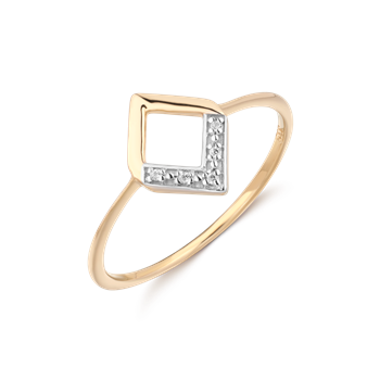 Gold ring with a square design, open center, partial stones on one side, and a thin band.