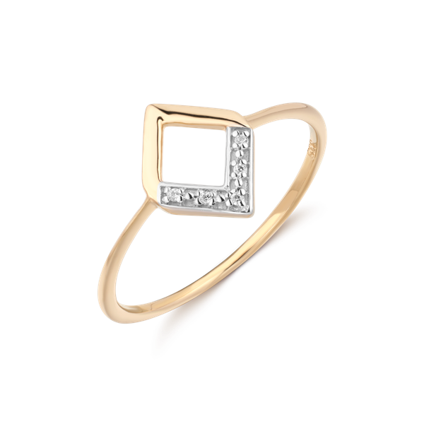 Gold ring with a square design, open center, partial stones on one side, and a thin band.