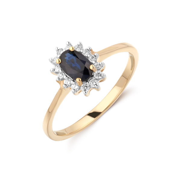 Gold ring with oval dark stone, halo of clear stones, and smooth reflective band.