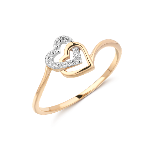 Gold ring with dual hearts; one heart is stone-encrusted, the other is plain metal.
