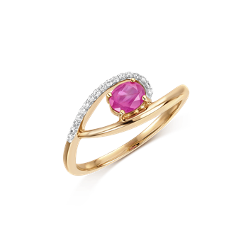 Gold ring with pink oval stone and curved clear stones, polished band by Støvring Design.